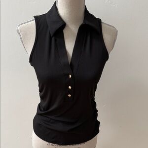 INC Black Sleeveless Collared Top, button placket, cut in at shoulders,S, NWT